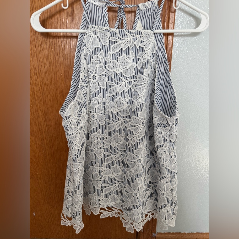 ADIVA blue sleeveless halter style neckline with white lace, overlay, tie back
